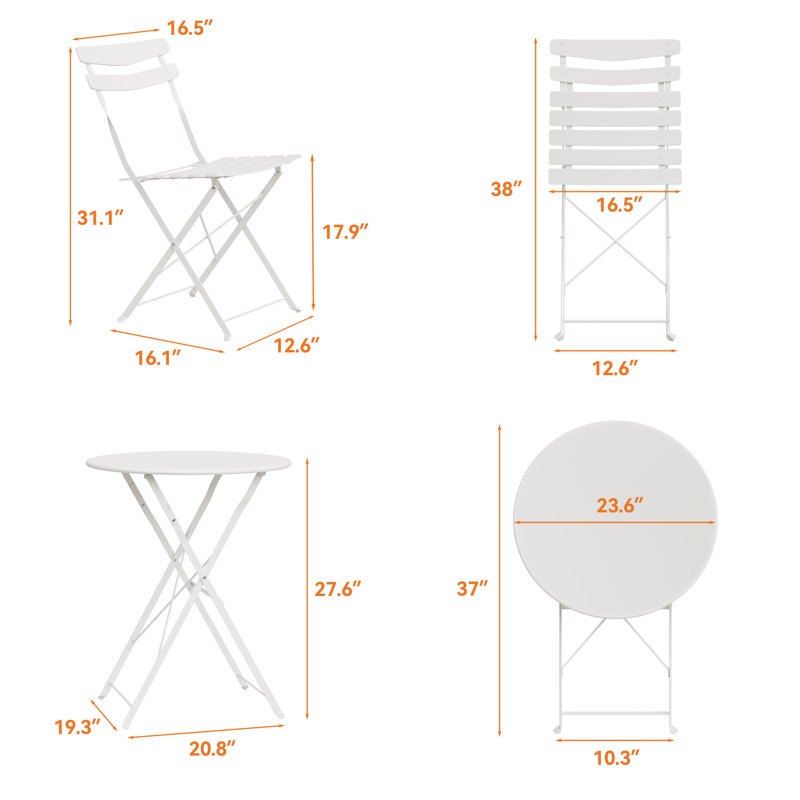 3 Piece Foldable Patio Bistro Set, Outdoor/Indoor Metal Table and Chairs Furniture, Compact Round Table with 2 Folding Chairs for Balcony, Porch, Deck, Garden, Apartment, Small Space, White