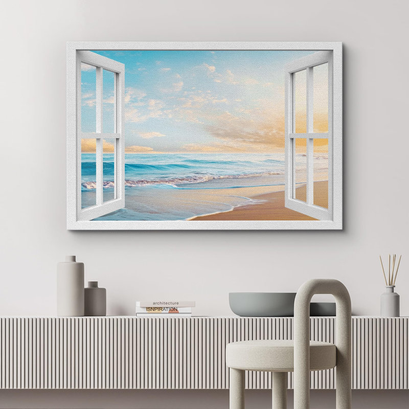 Fenêtre, paysage, «Coastal Serenity Ocean View, images, animaux, paysage rustique, campagne, campagne» sur, H 32 po x l 48 po