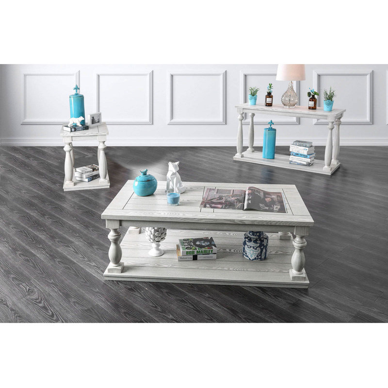 Rustic Style Antique White 1Pc COFFEE TABLE Open Bottom Shelf Plank Style Table Top Living Room Furniture
