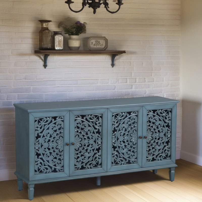 Antique Buffet Cabinet with Floral Carvings – 60" Solid Wood TV Stand & Sideboard, Blue