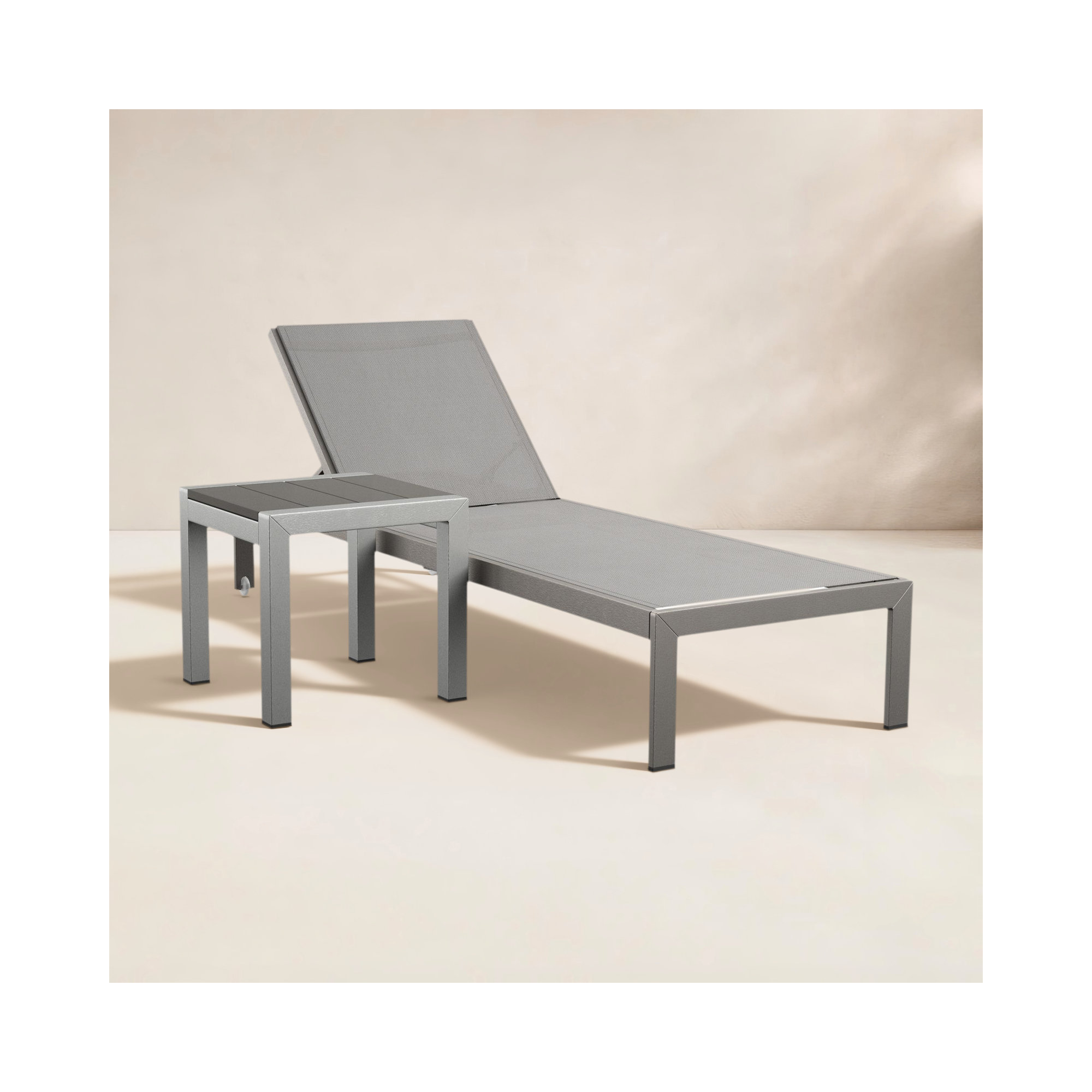 Aynura 76" Long Reclining Chaise Lounge Set with Table, Satin Silver, Gray