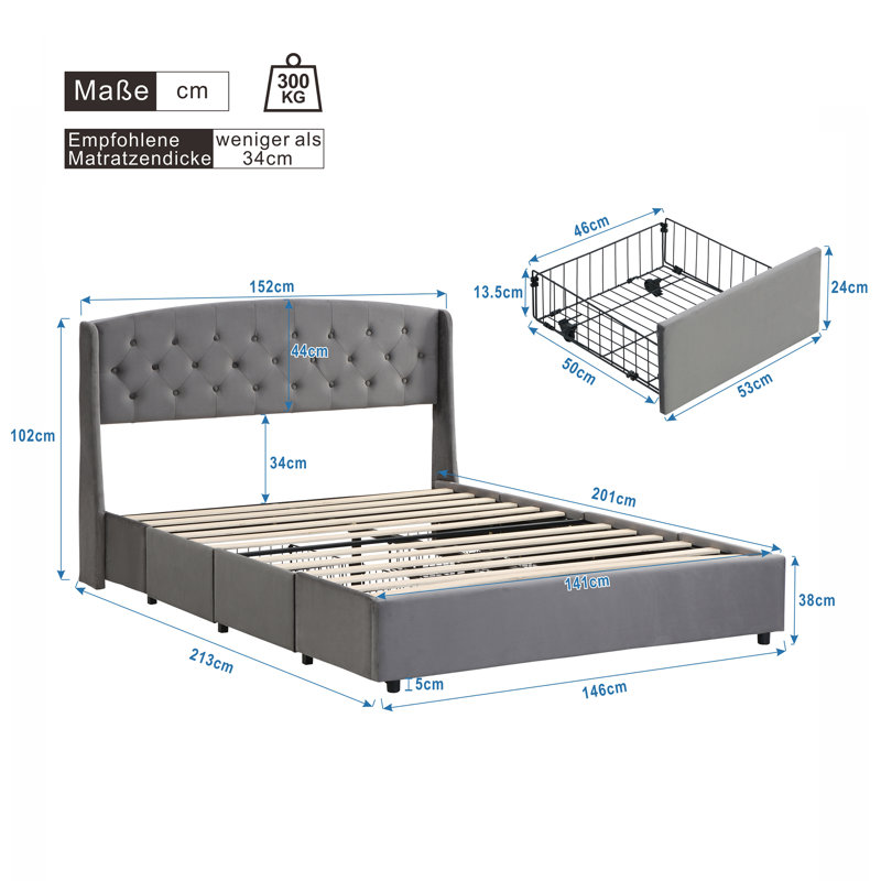 Maggie Upholstered Velvet Drawers Bed, EU Double - 140 x 200 cm