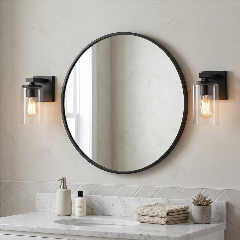 Luminaire pour meuble-lavabo de salle de bain 1 lumière avec abat-jour en verre transparent Meridian, applique murale moderne, étanche, noir