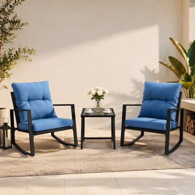3 Pieces Patio Bistro Set Outdoor Rocking Chair W Blue Cushion For Yard Garden Poolside
