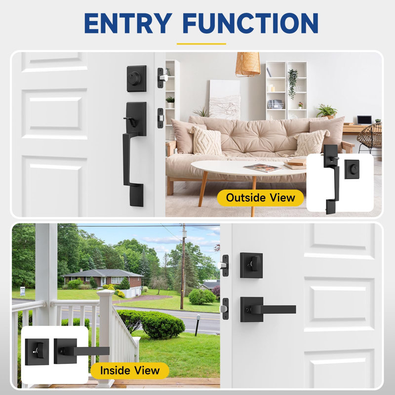 Ensemble de poignée de porte avant et pêne dormant à cylindre simple, ensemble de serrure de porte extérieure réversible noir mat, réglable pour les portes à droite / gauche