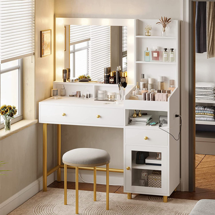 Latitude Run® Jamaiyah Large Vanity Desk with Storage Shelves, 5 Drawers,  Glass Cabinet