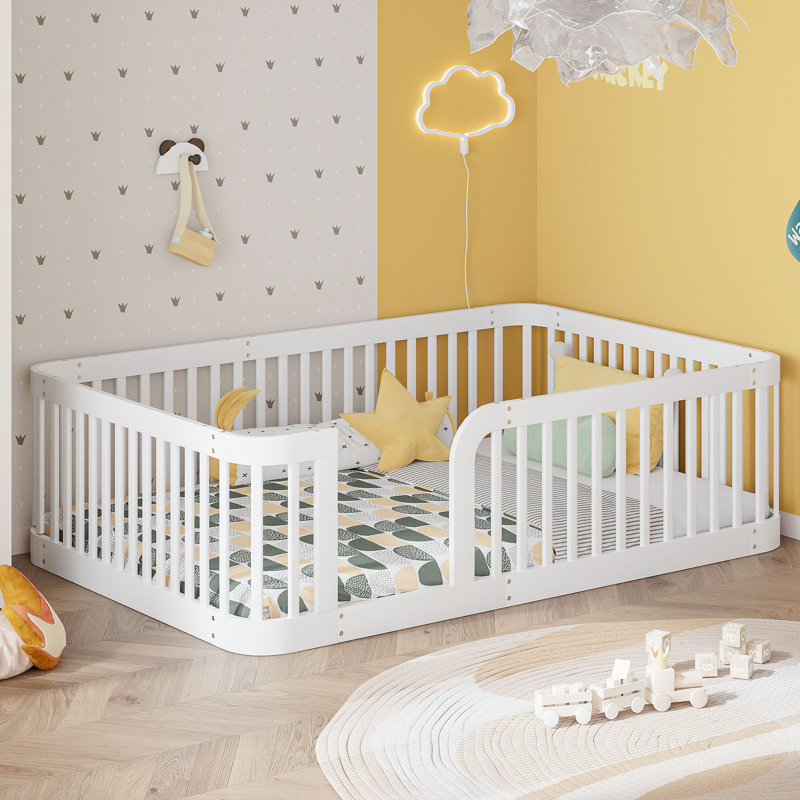 Structure de lit simple en bois avec barrière de sécurité, lit pour enfant en pin massif, coin arrondi, facile à assembler, blanc