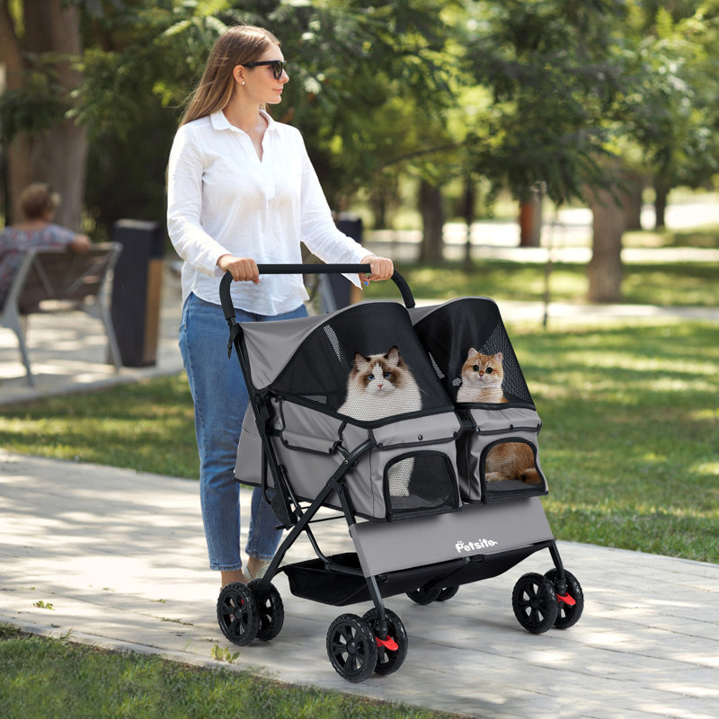 Double Pet Stroller w/ 2-seater Carrier Adjustable Sunshade Removable Pad Gray, Gray