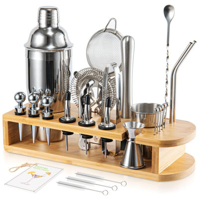 Cocktail Shaker Set Mixology Bartender Kit With Bamboo Stand | 26-Piece Cocktail Kit Bar Set With All Essential Bar Tools | Perfect Cocktail Set And B