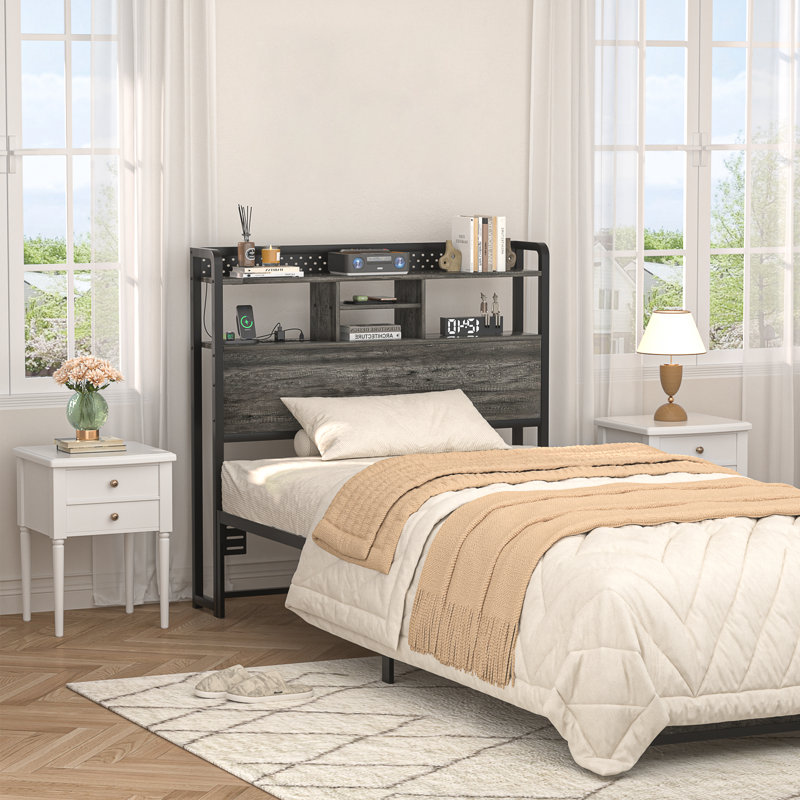 Miljenko Headboard with Led Lights & Charging Station, Twin, Gray