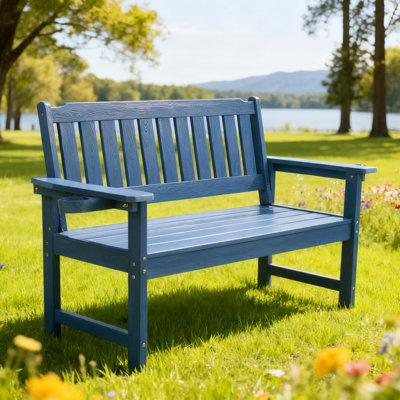 Outdoor Bench With Cup Holders, 2-Person Garden Bench, Memorial Benches, All-Weather Rot-Resistant Patio Bench Loveseat For Park, Front Porch, Courtyard, Backyard And Church (Blue)