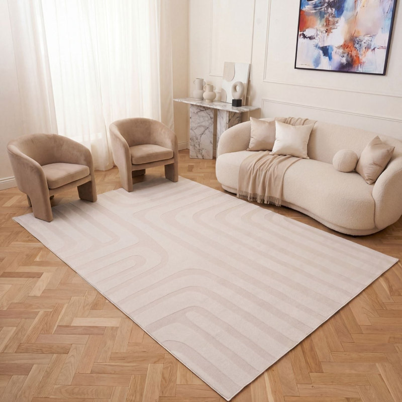 Loft Modern Curved Line Living Room Area Rug and Runner Soft Pile, Rectangle 80 x 150 cm, Ivory