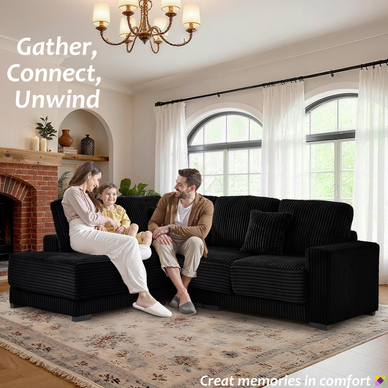 Gus 93"W LAF RAF Corduroy Sectioanl, 3 Seater, 1 Ottoman, Black Corduroy