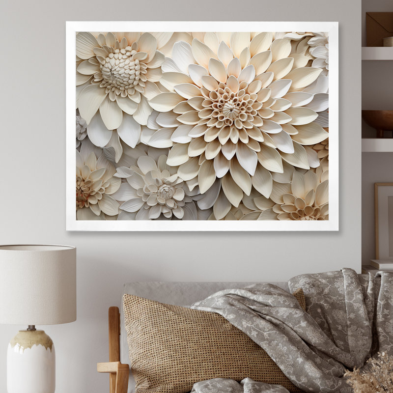 Minimalisme beige Dahlia I - art mural Dahlia, Cadre simple blanc, H 24 po x l 32 po x P 1 po