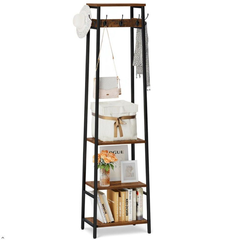 Freestanding Coat Rack With 3 Shelves & 7 Hooks, Industrial Style Hall Tree, Brown