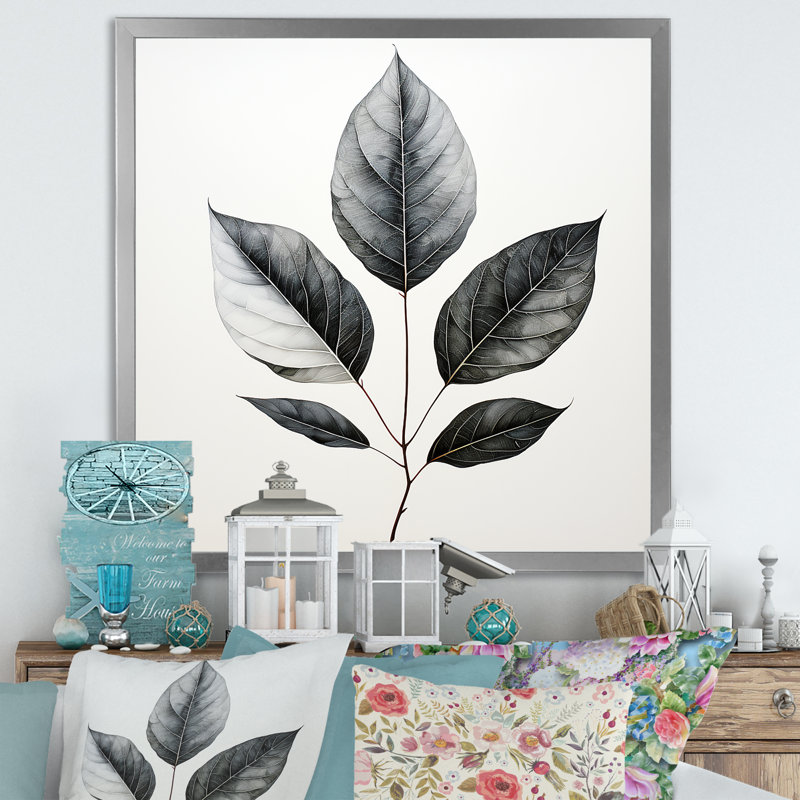 Contour de feuille d'onyx noir sur toile, H 24 po x l 24 po x P 1 po, Cadre simple argenté