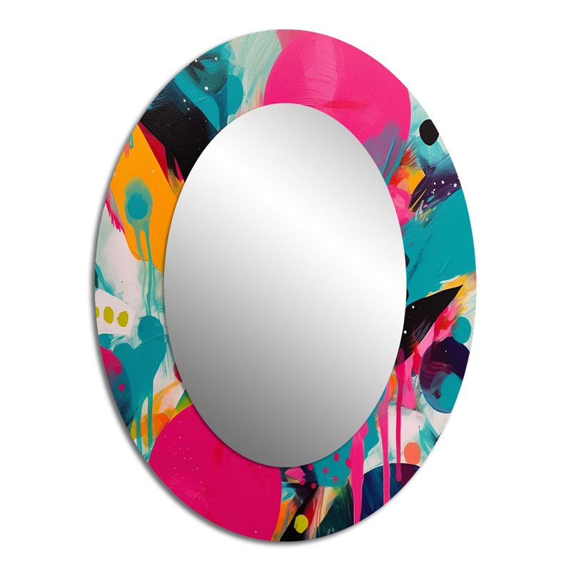 Pink And Turquoise Abstract Enigma I - Pink Modern Oval Wall Mirror, 40" x 30"