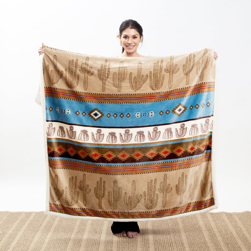 Southwestern Cactus Stripe Plush Sherpa Fleece Throw Blanket, 54" x 68"