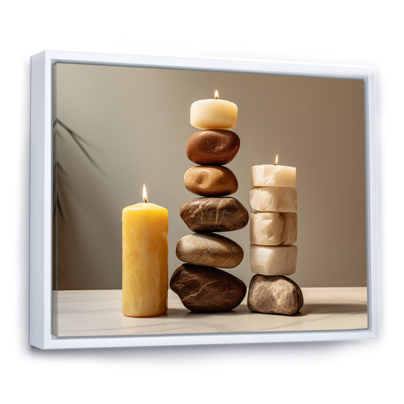 Zen Harmony Balancing Cairn Stones sur toile, Cadre flottant blanc, H 24 po x l 32 po x P 1 po