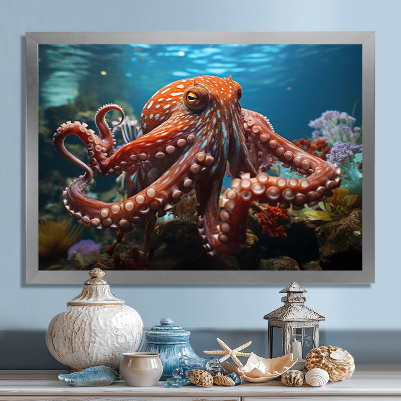 The Graceful Octopus - Décoration murale pieuvre, H 16 po x l 32 po x P 1 po, Cadre simple argenté