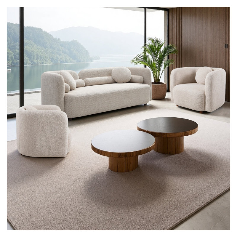 Canapé 3 places moderne en bouclette avec accoudoirs carrés, canapé rembourré beige pâle pour salon