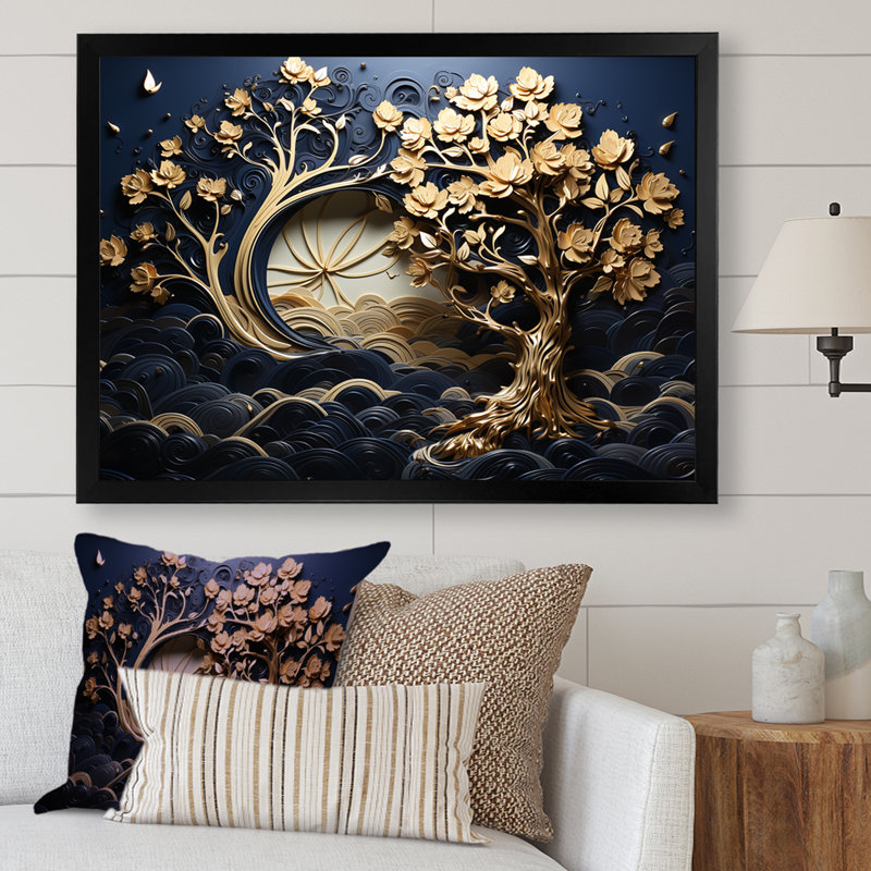 Ambiance côtière dorée et bleue II - arbre, art mural, H 12 po x l 20 po x P 1 po, Cadre d'angle fermé noir