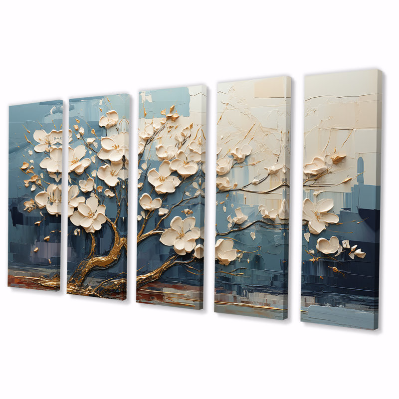 "Orchidée bleue et blanche, jardin de branches VI", 5 pièces, H 28 po x l 60 po