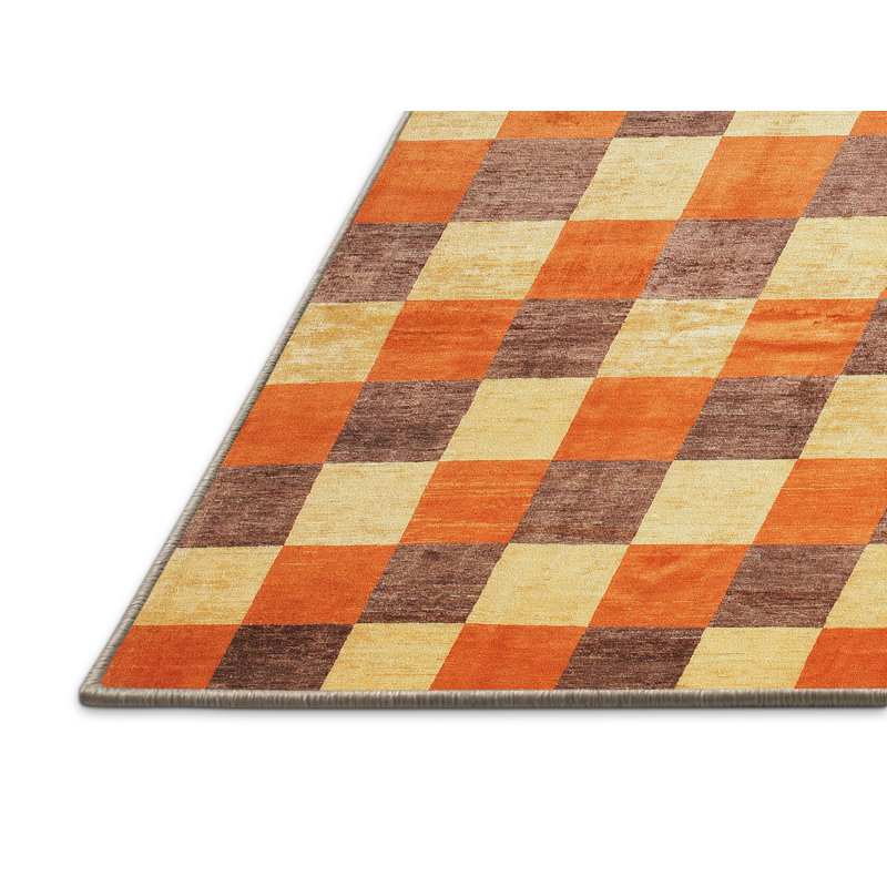 Jaune Tapis décoratif géométrique en laine/orange, Rectangle 7 pi x 9 pi