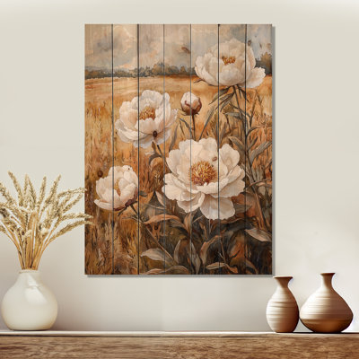 Pivoines le long de la campagne II - impression de pivoines sur bois de pin naturel