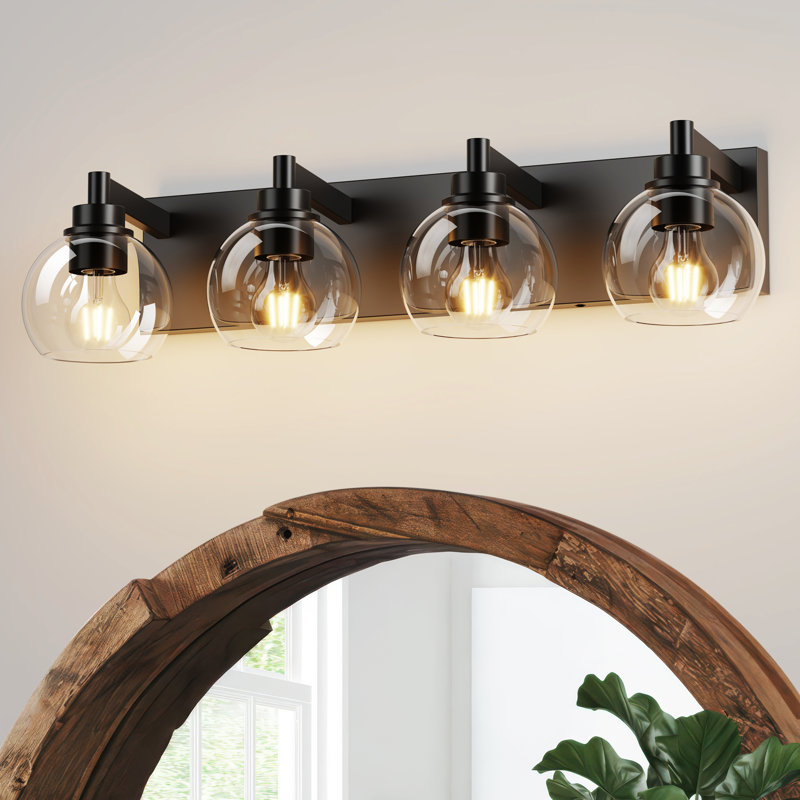 4-light Matte Black Vanity Light With Clear Glass Globe Shade,for Bathroom, Kitchen, Bedroom, 7.93" H x 26.43" W x 7.13" D