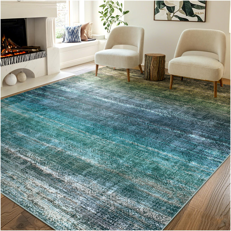 Leyat Washable Abstract Rug Ombre Distressed Non Slip Stain Resistant Low Pile Indoor Carpet, Rectangle 8' x 10'