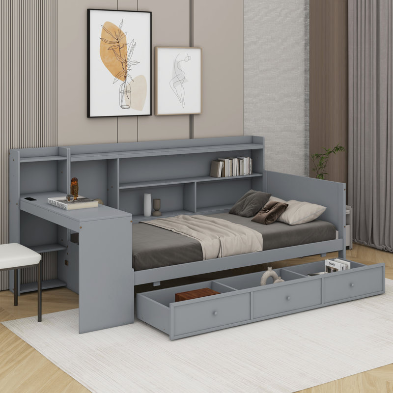 Lit de jour simple en bois avec tiroirs et bureau, Gris