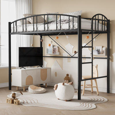 Loft Bed with Stairs and Arched Safety Rail, Black Metal Frame with Study Space Underneath
