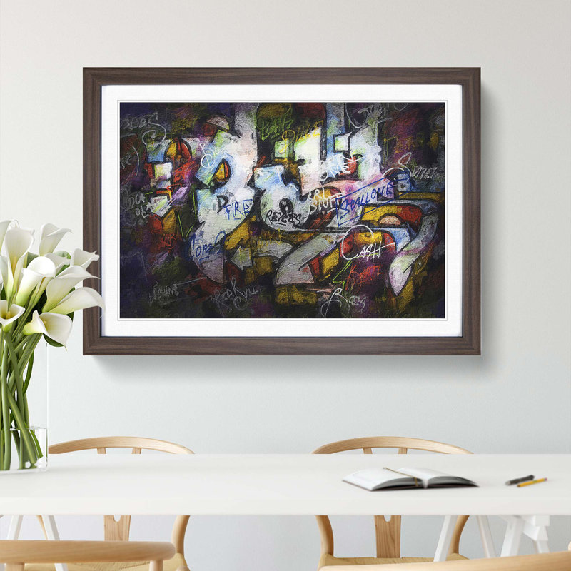 Multi-Coloured Wall Graffiti - Picture Frame Painting Print, 27cm H x 36cm W x 2cm D, Walnut Framed