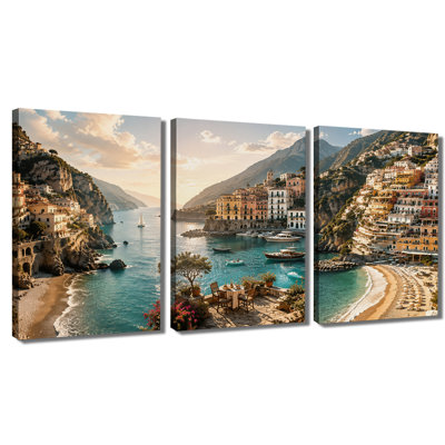 3‑Panel Wall Art Amalfi Coast Mediterranean Seaside Town Wrapped Canvas Print for Living Room