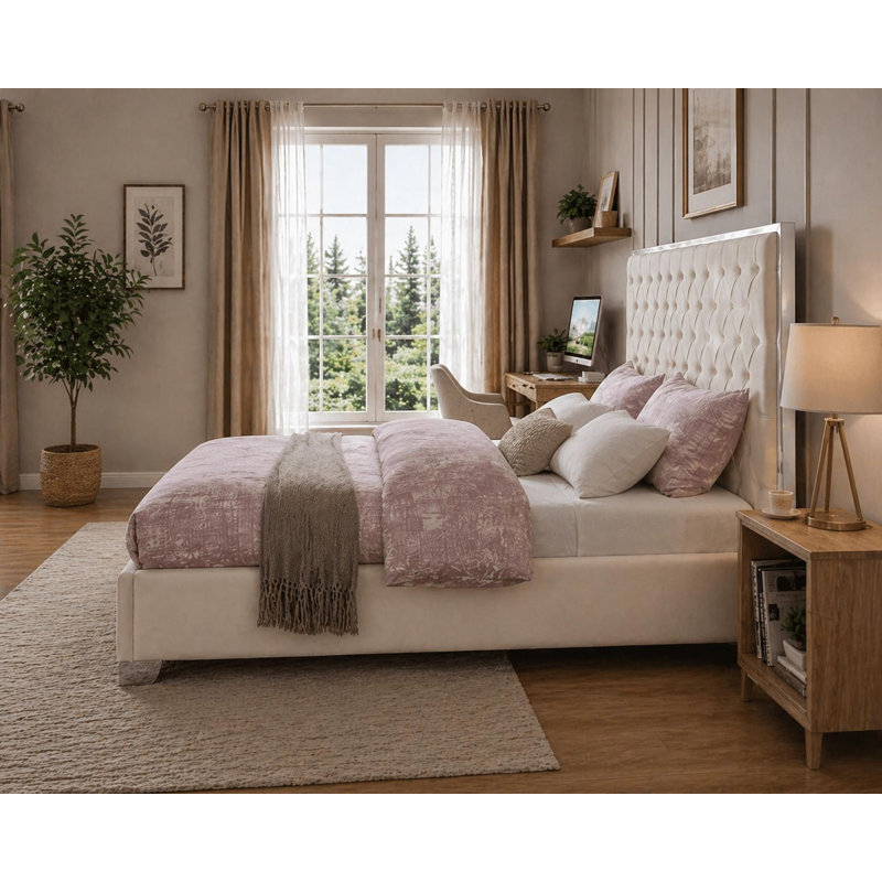Kate Velvet Beige Platform Bed King, Beige, King
