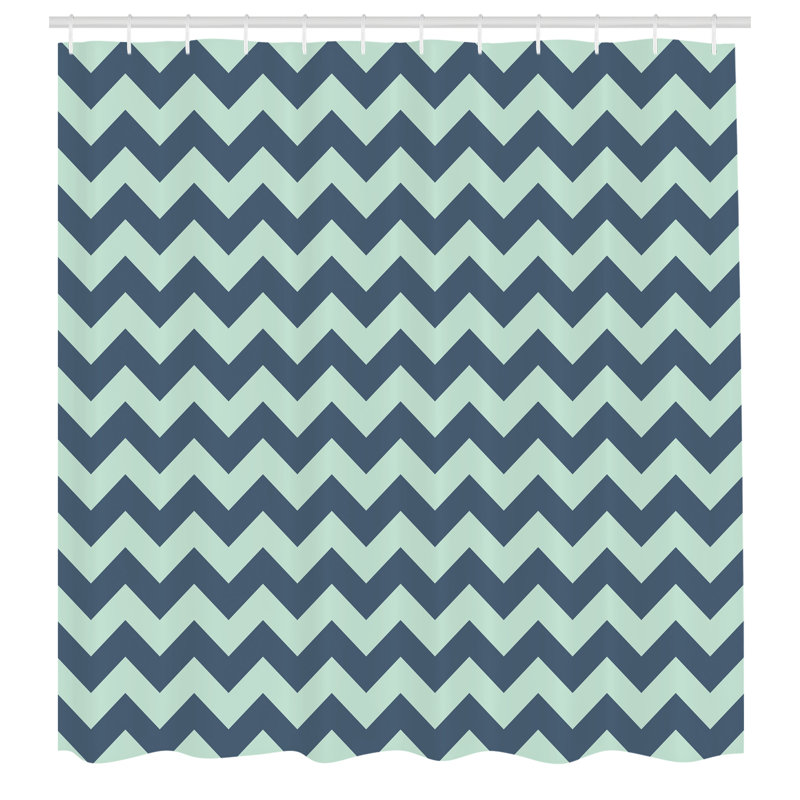 Sea Blue Chevron Geometric Zigzag Shower Curtain with Hooks