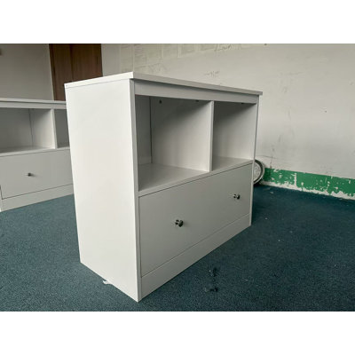 Kids Toy Storage Organizer With Large Drawer, Low Bookshelf For Nursery & Playroom, Wooden Kids Cabinet For Books And Toys, White