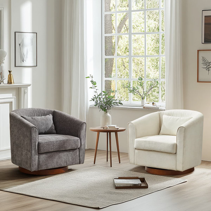Ensemble de 2 fauteuils pivotants rembourrés avec base en bois massif, Gris chenille