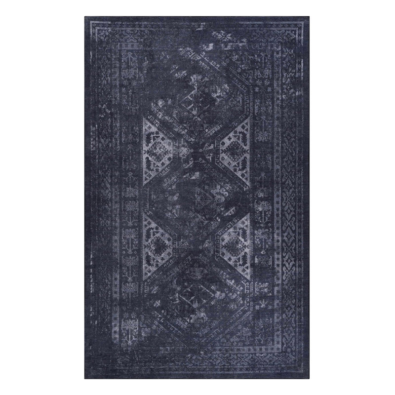 Tapis 5 x 8, lavable, envers antidérapant, ne perd pas ses poils pour la chambre à coucher - noir gris lavable à poils courts, pour renverser la salle à manger noir / gris