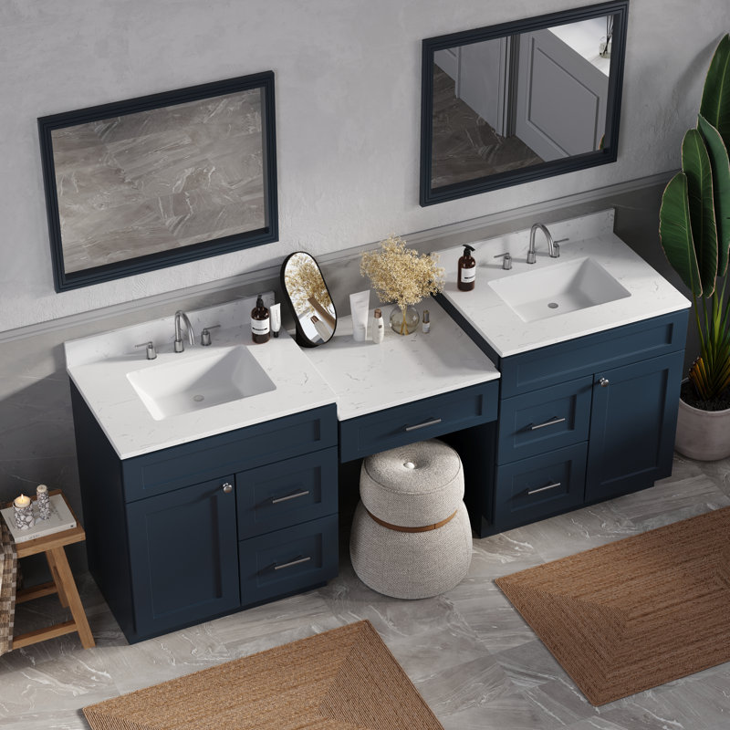 84'' Double Bathroom Vanity With Desk Dovetail Solid Wood Drawer With Carrara Quartz Top, Natural Oak