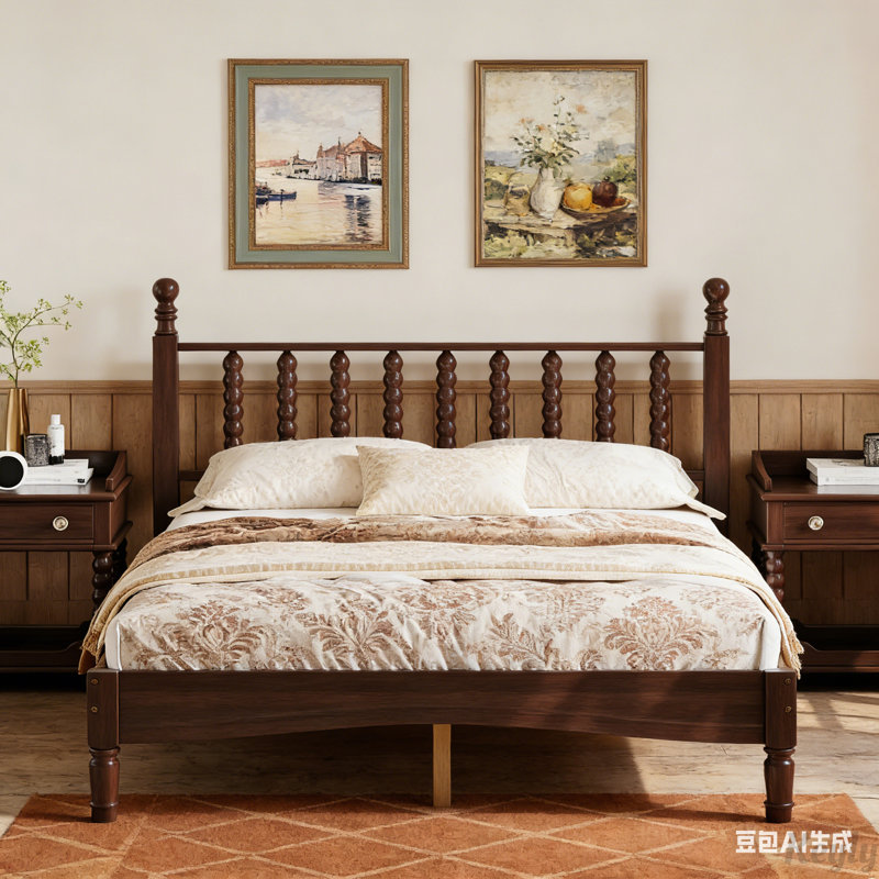 Lit plateforme en bois avec tête de lit en forme de gourde, style rétro et support en lattes de bois, Double, Noyer