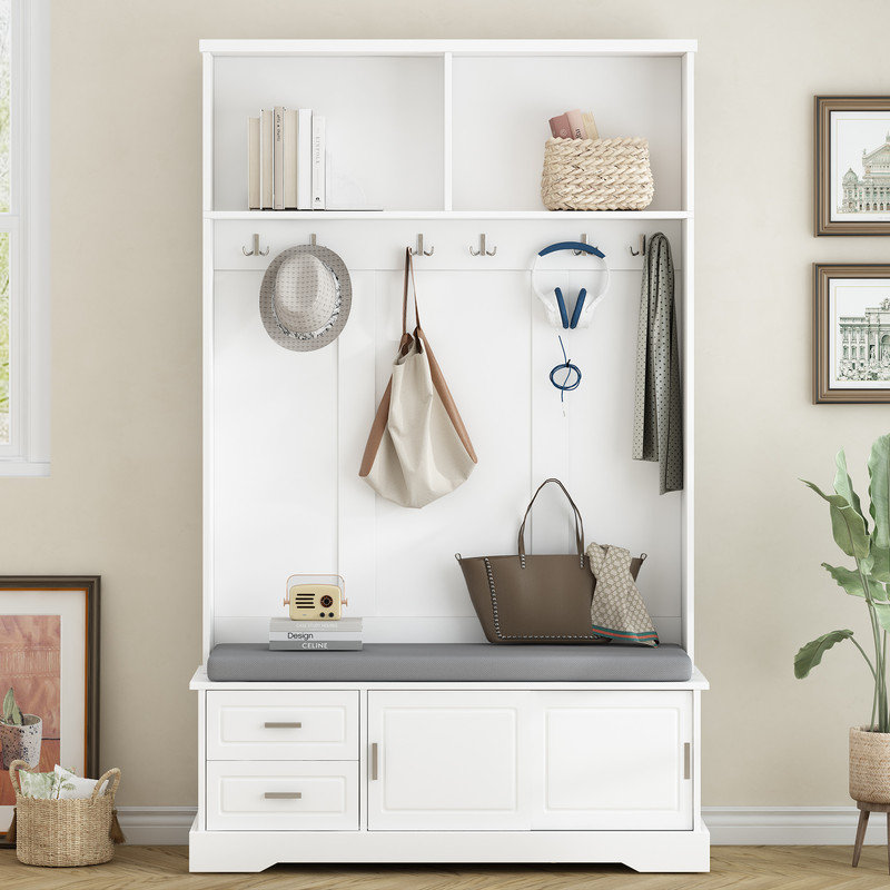 Hall Tree 47.2'' Wide with Bench and Shoe Storage, White