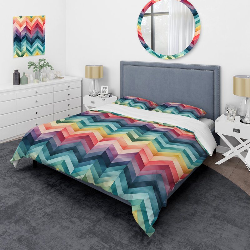 Ensemble de housse de couette Watercolor Caprice Multicolor Chevron Pattern, Housse de couette pour très grand lit et 2 très