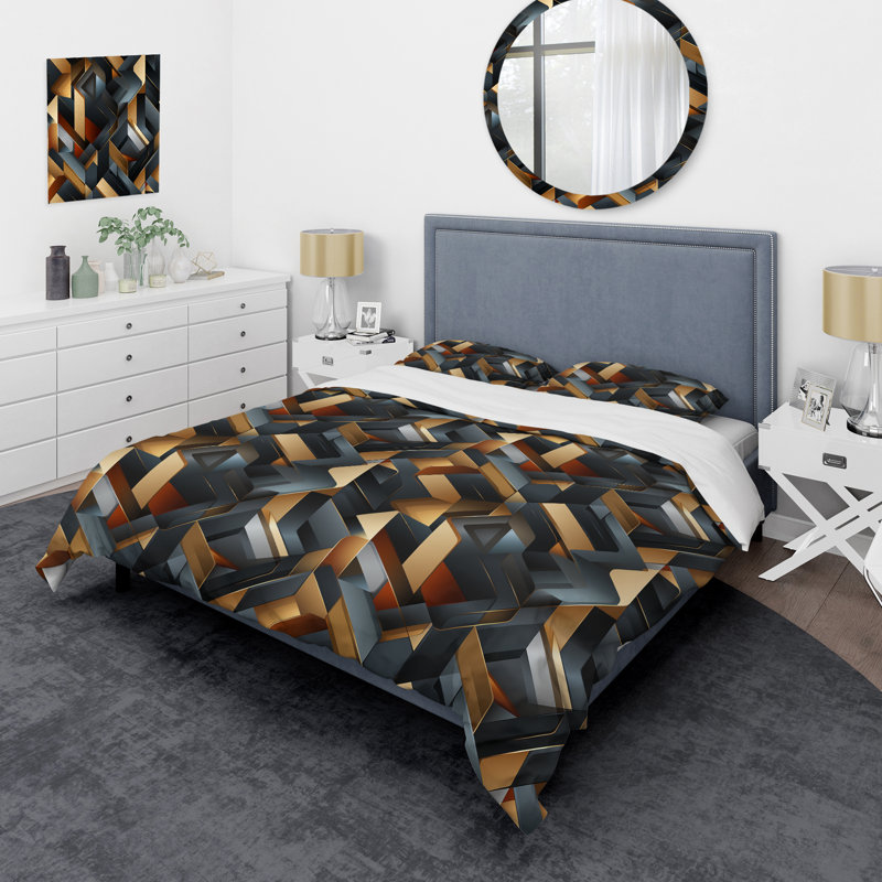 Ensemble de housse de couette géométrique noir Eildert, Housse de couette simple + 1 taie décorative stan
