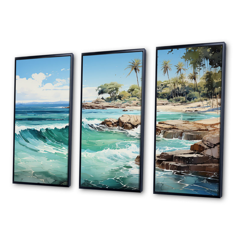 Ensemble d'art mural turquoise "Palmiers tropicaux I" - palmiers et palmiers, Cadre flottant noir, H 40 po x l 60 po x P 1 po