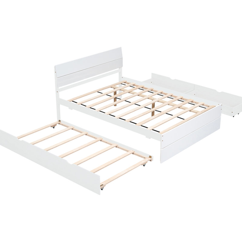 Structure de lit blanc moderne avec lit gigogne simple et 2 tiroirs de rangement élégants, polyvalents et pratiques, Blanc