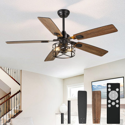 52 Inch Caged Ceiling Fans with Lights, Dual Finish 5 Black Walnut Blades Hanging Fan, Rustic Ceiling Fan with Remote APP Control for Farmhouse Indoor/Outdoor Use