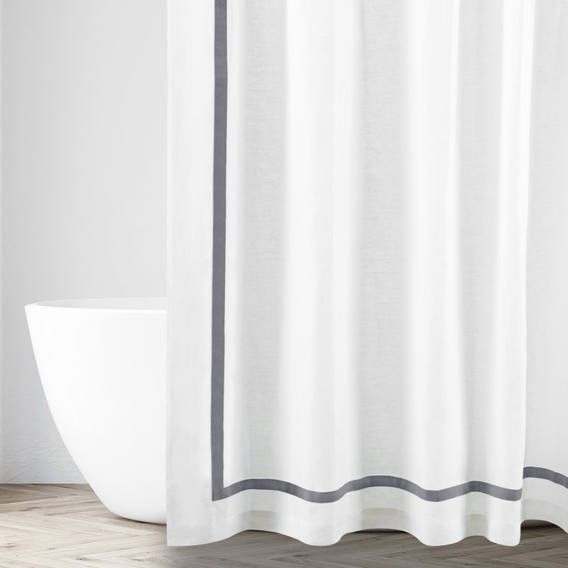 Fino Linen Solid Color Single Shower Curtain, White/Steel Gray, 96'' H x 72'' L