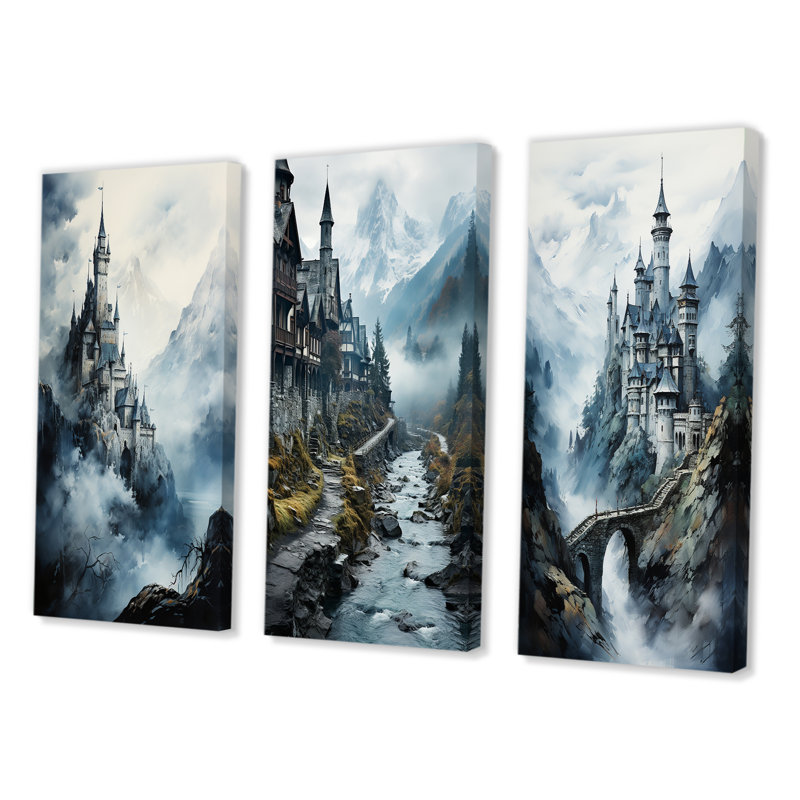 «Castles Misty Mountain Fortress», 3 pièces sur toile, Toile tendue, H 28 po x l 36 po